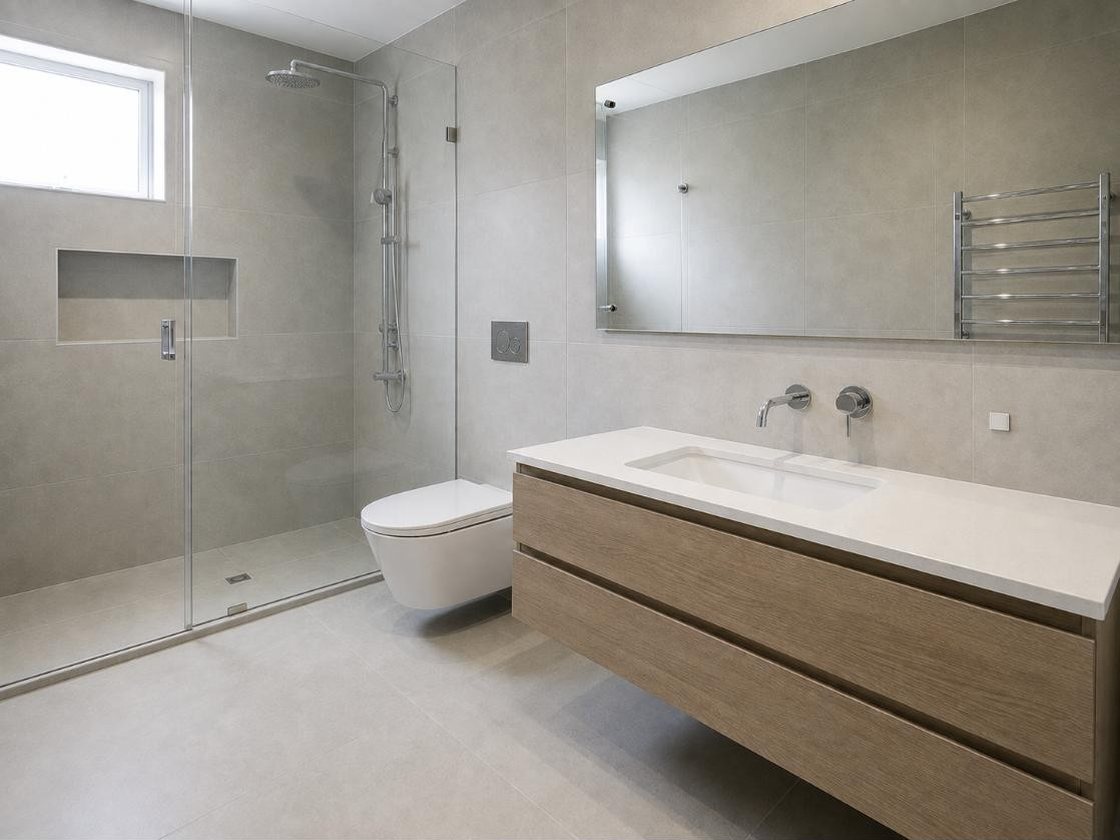 After — the same new bathroom cleaned spotless, film and tape removed, glass streak-free