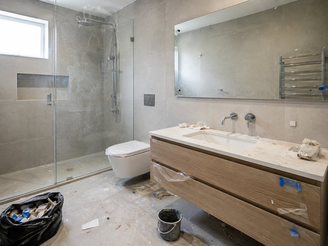 Before — a newly built bathroom with protective film, tape and builders debris