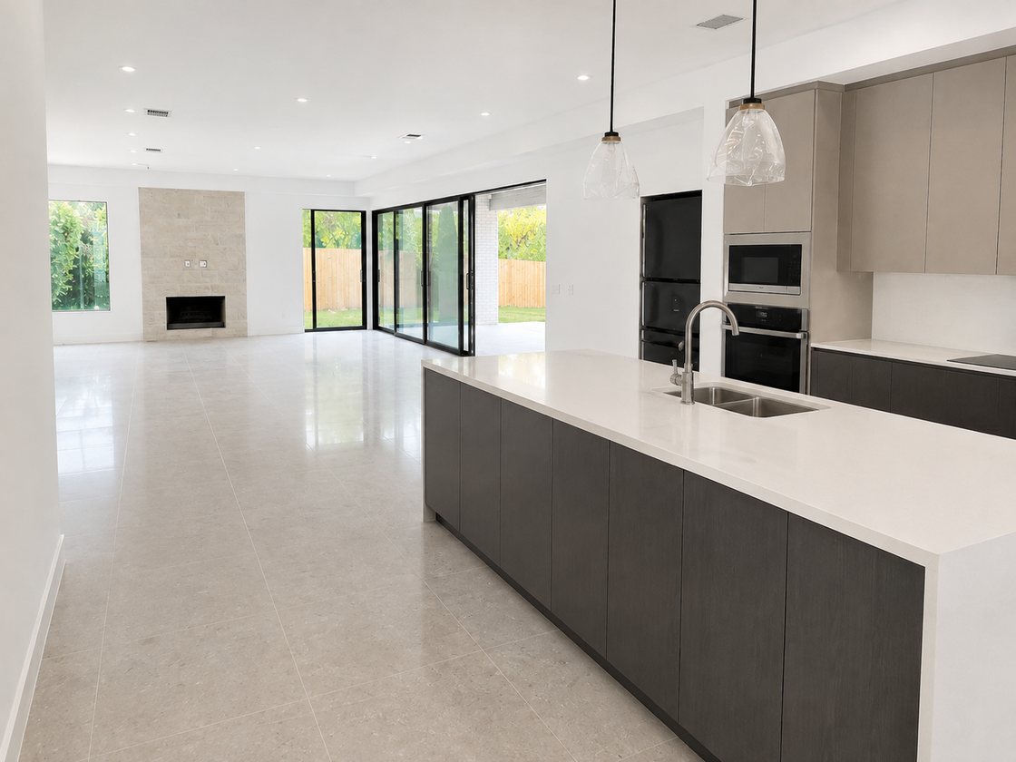 After — the same new-build kitchen cleaned spotless, dust and debris gone
