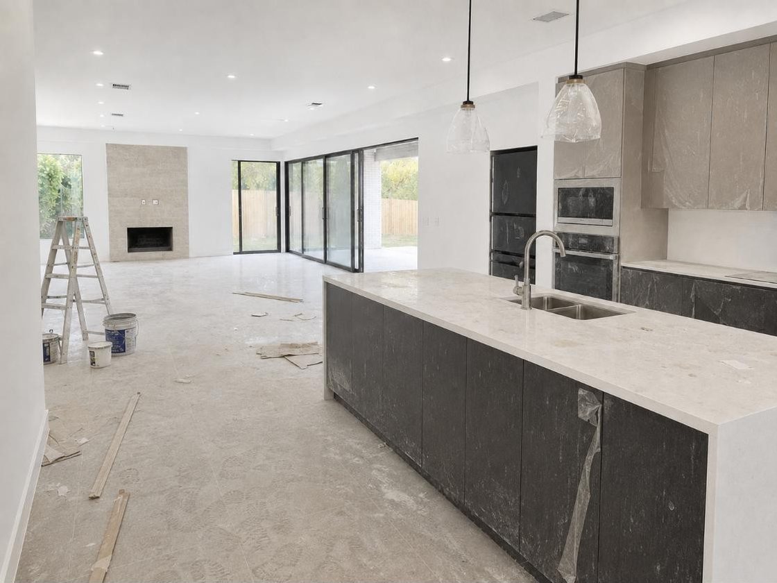 Before — a new-build kitchen covered in construction dust and debris
